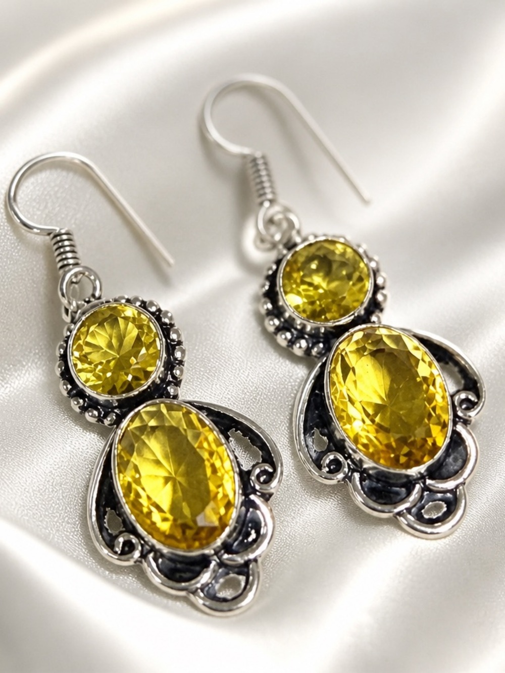 Double Citrine Drop Earrings - Sterling Silver 925 (93)